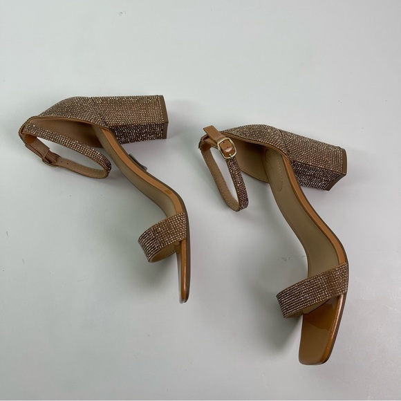 Gold Strappy Sparkly Jewel Open Toe Square Heel Shoes - Picture 6 of 11